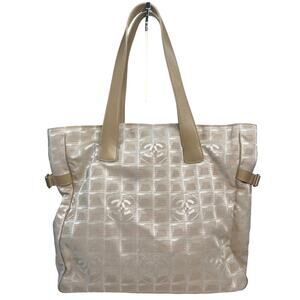 Chanel Travel Line Beige Jacquard CC Tote Bag Nylon Leather Shoulder Bag Italy